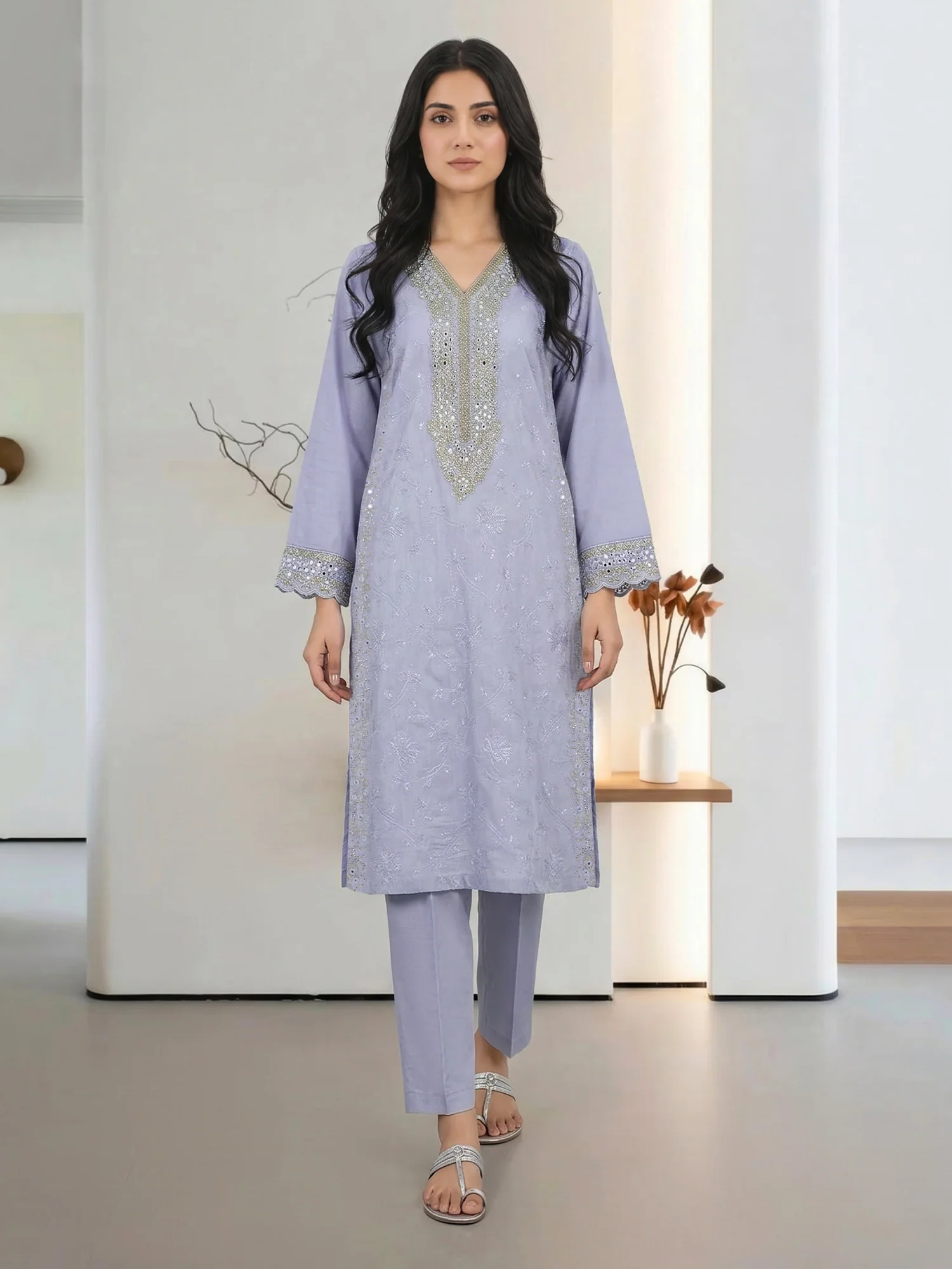 2 Piece Cotton Net Suit- Embroidered (Pret)