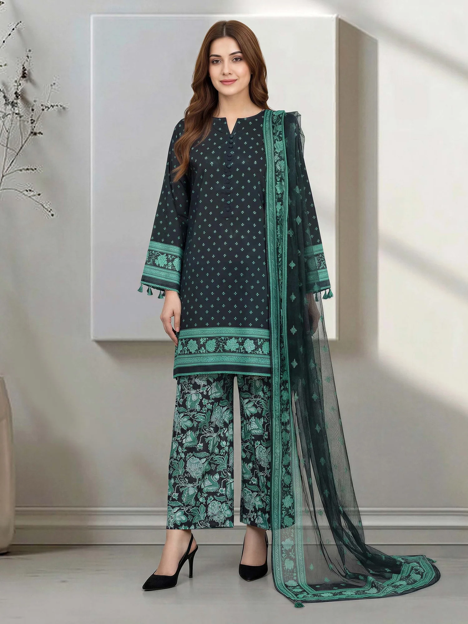 3 Piece Lawn Suit green